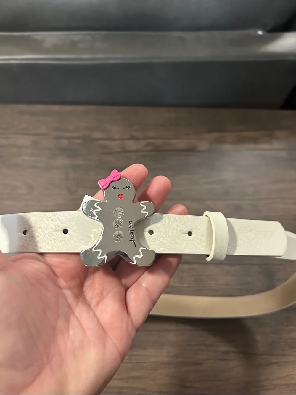 Betsey Johnson White Belt with Gingerbread Character Buckle